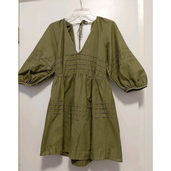 Free People Sweet Surrender Military Green Denim Dress Puff Sleeves Large - Picture 2 of 12